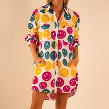 Load image into Gallery viewer, All Over Smiley Preslie Poplin Shirt Dress | Organic Cotton Beltable Dress or Tunic with Pockets
