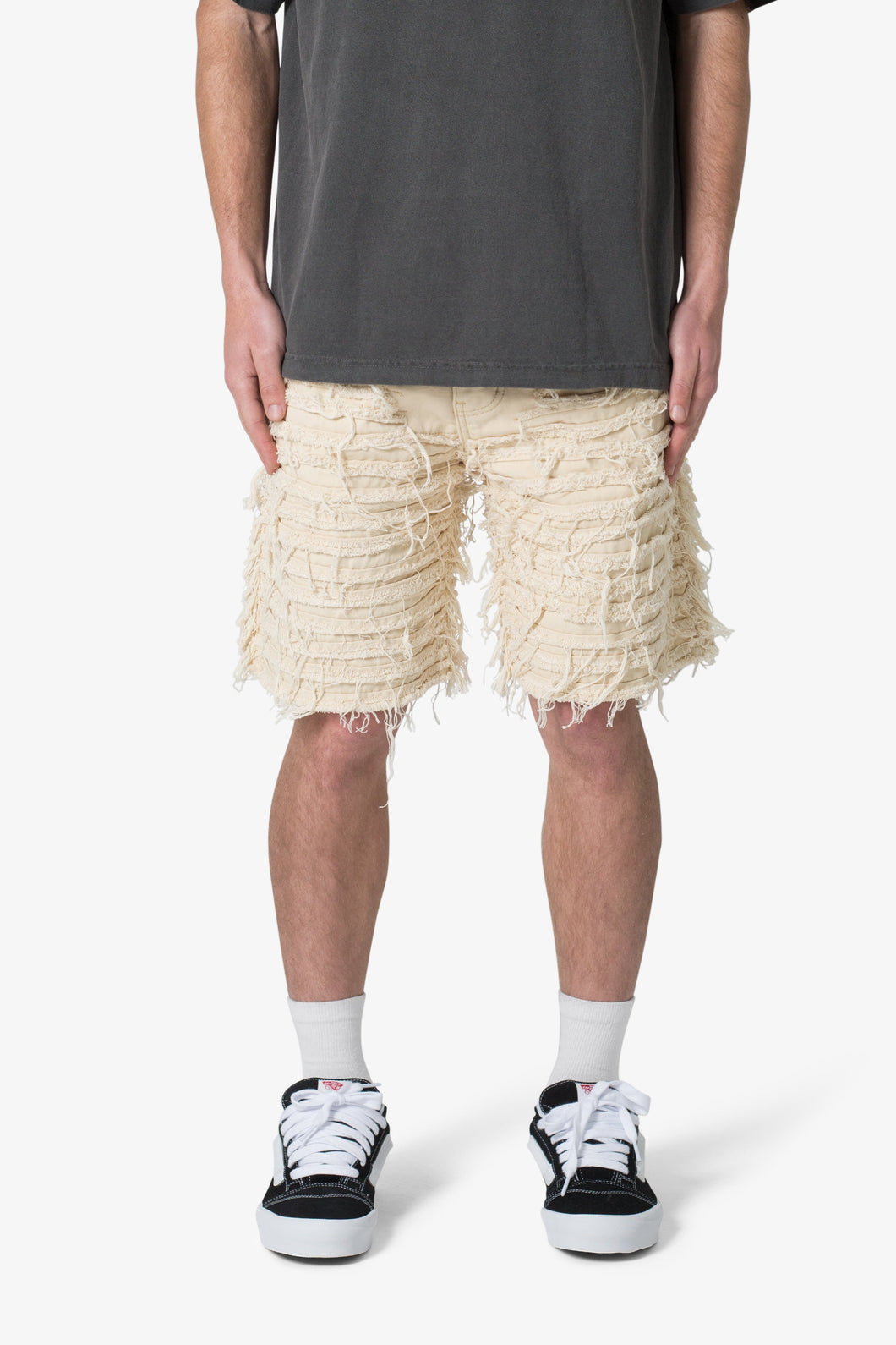 Allover Frayed Denim Shorts - Khaki