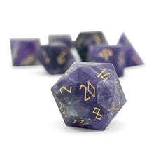 Load image into Gallery viewer, Amethyst - Frosted Gold Font 7 Piece RPG Set Gemstone Dice