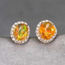 Load image into Gallery viewer, Asymmetrical Fire Opal Diamond Halo Stud Earrings 18K Yellow Gold
