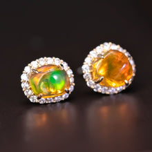 Load image into Gallery viewer, Asymmetrical Fire Opal Diamond Halo Stud Earrings 18K Yellow Gold
