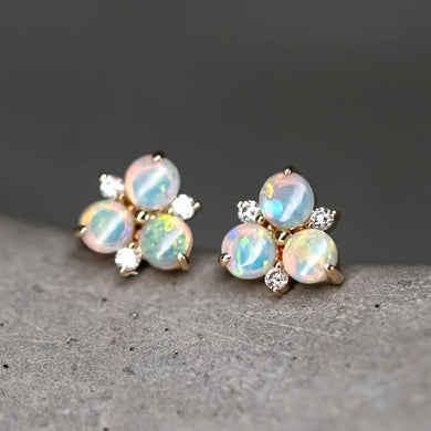 14K Yellow Gold Australian Solid Opal Diamond Trio Stud Earrings