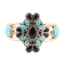 Load image into Gallery viewer, Barcelona Blue Turquoise Black Onyx Golden Cuff Bracelet