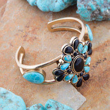 Load image into Gallery viewer, Barcelona Blue Turquoise Black Onyx Golden Cuff Bracelet