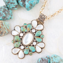 Load image into Gallery viewer, Barcelona Blue Turquoise and Mother of Pearl Golden Statement Necklace