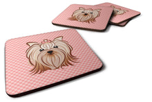 Load image into Gallery viewer, Pink Checkered Yorkie / Yorkshire Terrier Coasters - Set of 4 Lightweight Foam, Absorbent Drink Coasters BB1138FC