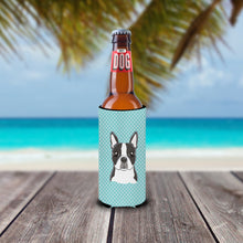 Load image into Gallery viewer, Checkerboard Blue Boston Terrier Slim Can Hugger – Fun &amp; Functional Drink Coolers BB1141MUK