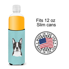 Load image into Gallery viewer, Checkerboard Blue Boston Terrier Slim Can Hugger – Fun &amp; Functional Drink Coolers BB1141MUK