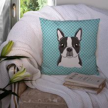 Load image into Gallery viewer, Checkerboard Blue Boston Terrier Canvas Throw Pillow - 14x14 Decorative Pillow – Art for Your Home &amp; Patio BB1141PW1414