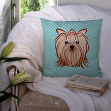 Load image into Gallery viewer, Checkerboard Blue Yorkie Yorkshire Terrier Canvas Throw Pillow - 14x14 Decorative Pillow – Art for Your Home &amp; Patio BB1142PW1414