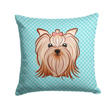 Load image into Gallery viewer, Checkerboard Blue Yorkie Yorkshire Terrier Canvas Throw Pillow - 14x14 Decorative Pillow – Art for Your Home &amp; Patio BB1142PW1414