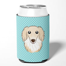 Load image into Gallery viewer, Checkerboard Blue Longhair Creme Dachshund Can or Bottle Hugger BB1150CC