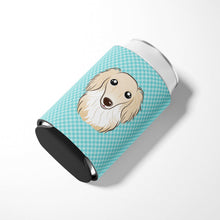 Load image into Gallery viewer, Checkerboard Blue Longhair Creme Dachshund Can or Bottle Hugger BB1150CC