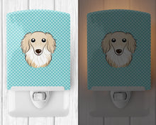 Load image into Gallery viewer, Checkerboard Blue Longhair Creme Dachshund Ceramic Night Light BB1150CNL