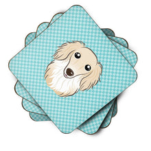 Load image into Gallery viewer, Checkerboard Blue Longhair Creme Dachshund Coasters - Set of 4 Lightweight Foam, Absorbent Drink Coasters BB1150FC