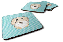 Load image into Gallery viewer, Checkerboard Blue Longhair Creme Dachshund Coasters - Set of 4 Lightweight Foam, Absorbent Drink Coasters BB1150FC