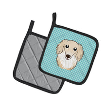 Load image into Gallery viewer, Checkerboard Blue Longhair Creme Dachshund Pot Holders - Set of 2 - Heat-Resistant Kitchen Essentials BB1150PTHD