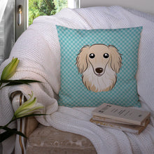 Load image into Gallery viewer, Checkerboard Blue Longhair Creme Dachshund Canvas Throw Pillow - 14x14 Decorative Pillow – Art for Your Home &amp; Patio BB1150PW1414