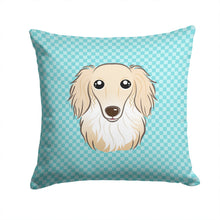 Load image into Gallery viewer, Checkerboard Blue Longhair Creme Dachshund Canvas Throw Pillow - 14x14 Decorative Pillow – Art for Your Home &amp; Patio BB1150PW1414