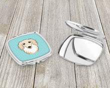 Load image into Gallery viewer, Checkerboard Blue Longhair Creme Dachshund Compact Mirror – Stylish Purse Mirror with Artistic Covers BB1150SCM