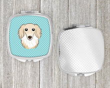 Load image into Gallery viewer, Checkerboard Blue Longhair Creme Dachshund Compact Mirror – Stylish Purse Mirror with Artistic Covers BB1150SCM