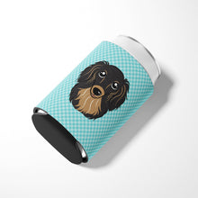 Load image into Gallery viewer, Checkerboard Blue Longhair Black and Tan Dachshund Can or Bottle Hugger BB1151CC