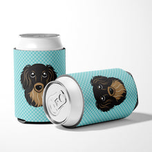 Load image into Gallery viewer, Checkerboard Blue Longhair Black and Tan Dachshund Can or Bottle Hugger BB1151CC