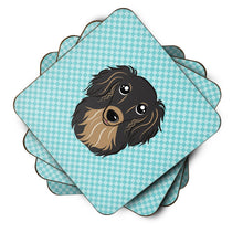 Load image into Gallery viewer, Checkerboard Blue Longhair Black and Tan Dachshund Coasters - Set of 4 Lightweight Foam, Absorbent Drink Coasters BB1151FC