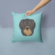 Load image into Gallery viewer, Checkerboard Blue Longhair Black and Tan Dachshund Canvas Throw Pillow - 14x14 Decorative Pillow – Art for Your Home &amp; Patio BB1151PW1414