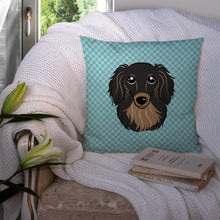 Load image into Gallery viewer, Checkerboard Blue Longhair Black and Tan Dachshund Canvas Throw Pillow - 14x14 Decorative Pillow – Art for Your Home &amp; Patio BB1151PW1414
