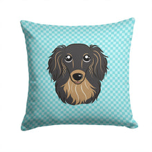 Load image into Gallery viewer, Checkerboard Blue Longhair Black and Tan Dachshund Canvas Throw Pillow - 14x14 Decorative Pillow – Art for Your Home &amp; Patio BB1151PW1414