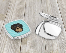 Load image into Gallery viewer, Checkerboard Blue Longhair Black and Tan Dachshund Compact Mirror – Stylish Purse Mirror with Artistic Covers BB1151SCM