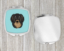 Load image into Gallery viewer, Checkerboard Blue Longhair Black and Tan Dachshund Compact Mirror – Stylish Purse Mirror with Artistic Covers BB1151SCM