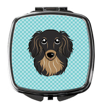 Load image into Gallery viewer, Checkerboard Blue Longhair Black and Tan Dachshund Compact Mirror – Stylish Purse Mirror with Artistic Covers BB1151SCM