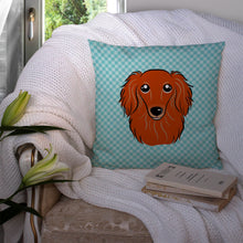 Load image into Gallery viewer, Checkerboard Blue Longhair Red Dachshund Canvas Throw Pillow - 14x14 Decorative Pillow – Art for Your Home &amp; Patio BB1152PW1414
