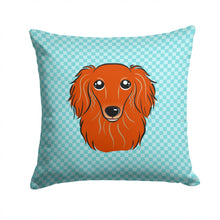 Load image into Gallery viewer, Checkerboard Blue Longhair Red Dachshund Canvas Throw Pillow - 14x14 Decorative Pillow – Art for Your Home &amp; Patio BB1152PW1414