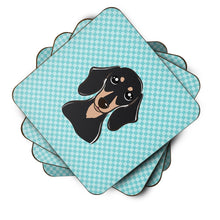 Load image into Gallery viewer, Checkerboard Blue Smooth Black and Tan Dachshund Coasters - Set of 4 Lightweight Foam, Absorbent Drink Coasters BB1153FC