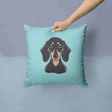 Load image into Gallery viewer, Checkerboard Blue Smooth Black and Tan Dachshund Canvas Throw Pillow - 14x14 Decorative Pillow – Art for Your Home &amp; Patio BB1153PW1414