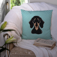 Load image into Gallery viewer, Checkerboard Blue Smooth Black and Tan Dachshund Canvas Throw Pillow - 14x14 Decorative Pillow – Art for Your Home &amp; Patio BB1153PW1414