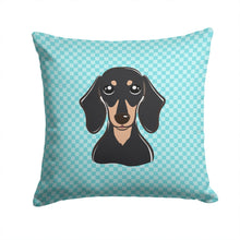 Load image into Gallery viewer, Checkerboard Blue Smooth Black and Tan Dachshund Canvas Throw Pillow - 14x14 Decorative Pillow – Art for Your Home &amp; Patio BB1153PW1414