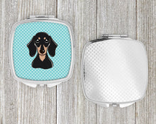 Load image into Gallery viewer, Checkerboard Blue Smooth Black and Tan Dachshund Compact Mirror – Stylish Purse Mirror with Artistic Covers BB1153SCM