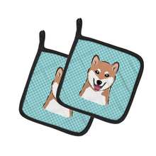 Load image into Gallery viewer, Checkerboard Blue Shiba Inu Pot Holders - Set of 2 - Heat-Resistant Kitchen Essentials BB1163PTHD