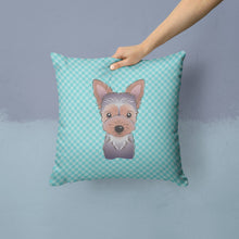 Load image into Gallery viewer, Checkerboard Blue Yorkie Puppy Canvas Throw Pillow - 14x14 Decorative Pillow – Art for Your Home &amp; Patio BB1170PW1414