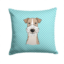 Load image into Gallery viewer, Checkerboard Blue Wire Haired Fox Terrier Canvas Throw Pillow - 14x14 Decorative Pillow – Art for Your Home &amp; Patio BB1185PW1414