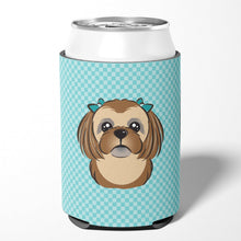 Load image into Gallery viewer, Checkerboard Blue Chocolate Brown Shih Tzu Can or Bottle Hugger BB1187CC