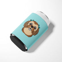 Load image into Gallery viewer, Checkerboard Blue Chocolate Brown Shih Tzu Can or Bottle Hugger BB1187CC