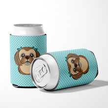 Load image into Gallery viewer, Checkerboard Blue Chocolate Brown Shih Tzu Can or Bottle Hugger BB1187CC