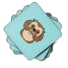 Load image into Gallery viewer, Checkerboard Blue Chocolate Brown Shih Tzu Coasters - Set of 4 Lightweight Foam, Absorbent Drink Coasters BB1187FC