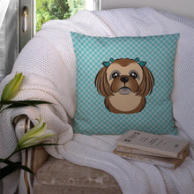 Load image into Gallery viewer, Checkerboard Blue Chocolate Brown Shih Tzu Canvas Throw Pillow - 14x14 Decorative Pillow – Art for Your Home &amp; Patio BB1187PW1414