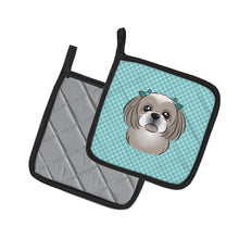 Load image into Gallery viewer, Checkerboard Blue Gray Silver Shih Tzu Pot Holders - Set of 2 - Heat-Resistant Kitchen Essentials BB1188PTHD